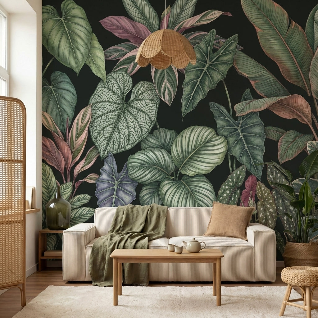 papier peint panoramique jungle feuillage tropical singes philodendron calathea -8