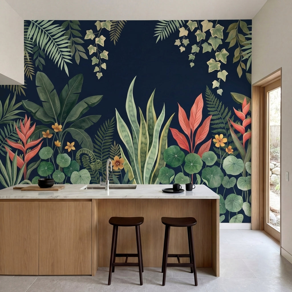 papier peint panoramique jungle feuillage tropical superpose palmiers bananiers -1