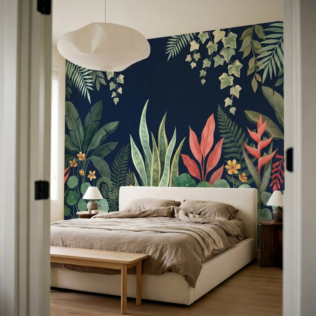 papier peint panoramique jungle feuillage tropical superpose palmiers bananiers -9