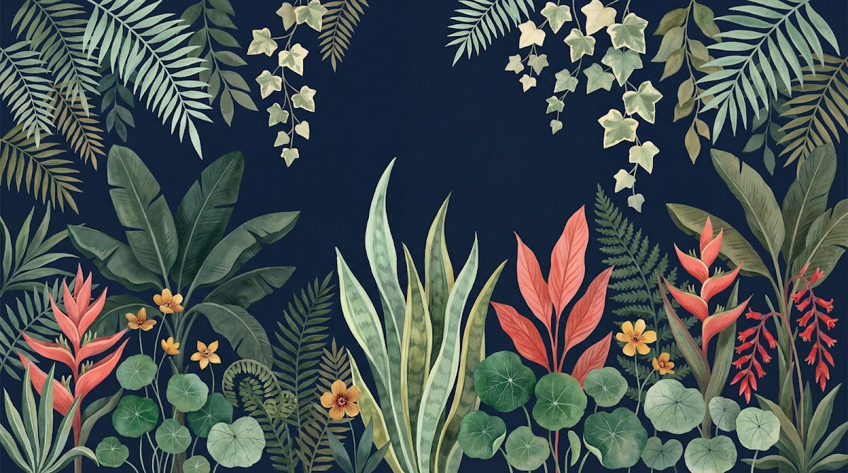 Papier peint panoramique jungle - Feuillage tropical superposé palmiers bananiers fleurs corail fond bleu nuit sur mesure - Design