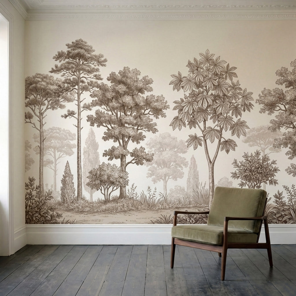 papier peint panoramique jungle foret tropicale gravure botanique tons sepia bei-3