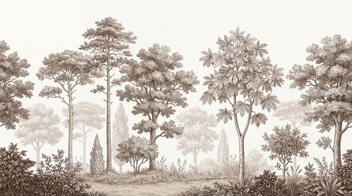 Papier peint panoramique jungle - Forêt tropicale gravure botanique tons sépia beige et brun sur mesure - Design