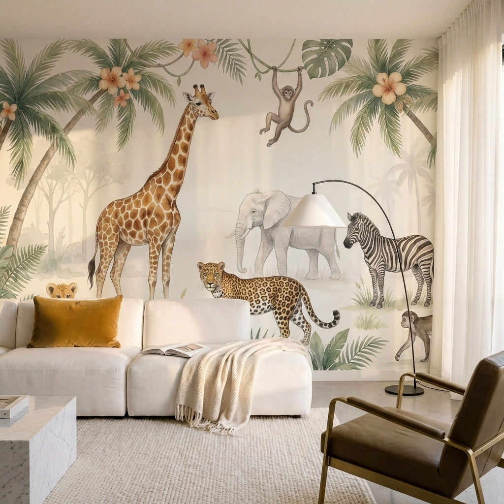 papier peint panoramique jungle girafe leopard elephant zebre singes palmiers to-9