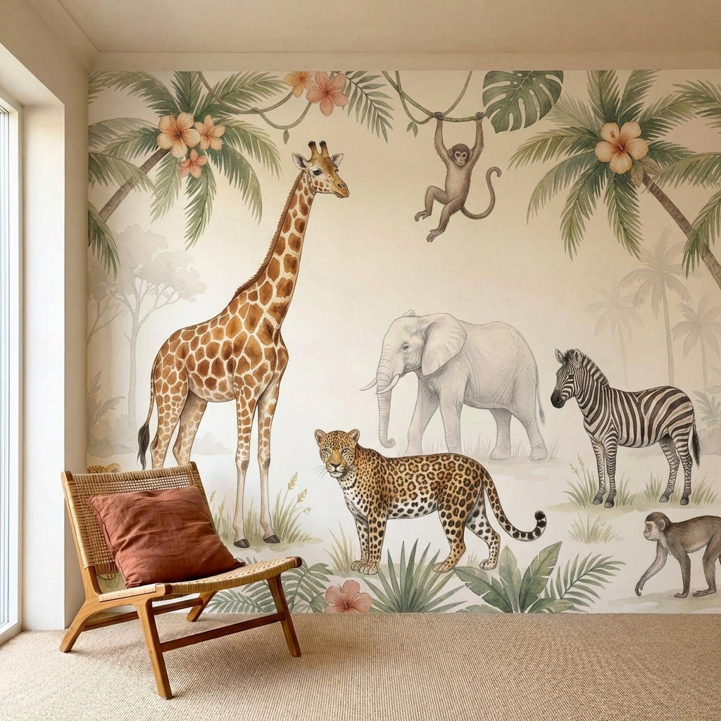 papier peint panoramique jungle girafe leopard elephant zebre singes palmiers to-HERO-10