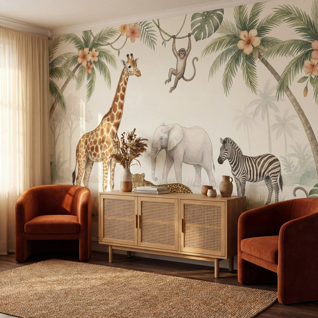papier peint panoramique jungle girafe leopard elephant zebre singes palmiers to-VARIANTE-10
