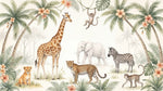 Papier peint panoramique jungle - Girafe léopard éléphant zèbre singes palmiers tons beige crème sur mesure - Design
