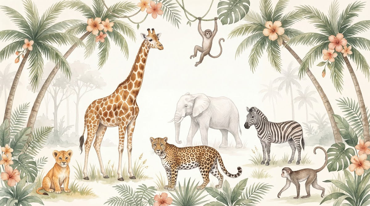 Papier peint panoramique jungle - Girafe léopard éléphant zèbre singes palmiers tons beige crème sur mesure - Design