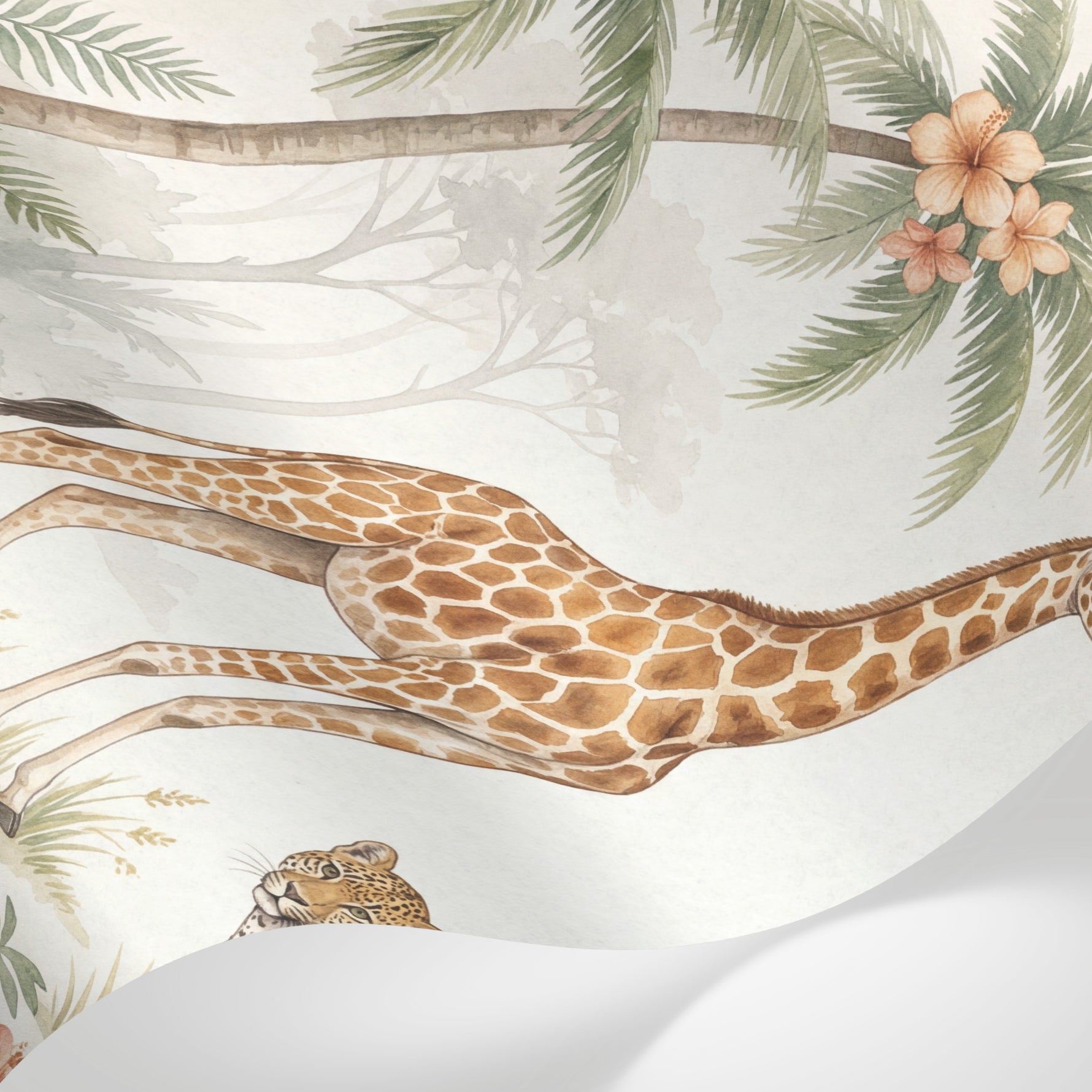 Papier peint panoramique jungle - Girafe léopard éléphant zèbre singes palmiers tons beige crème sur mesure - Matière