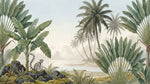 Papier peint panoramique jungle - Lémurin palmiers bananiers rochers volcaniques fond beige crème et vert sur mesure - Design
