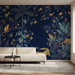papier peint panoramique jungle leopard singe crocodile oiseaux feuillage tropic-1