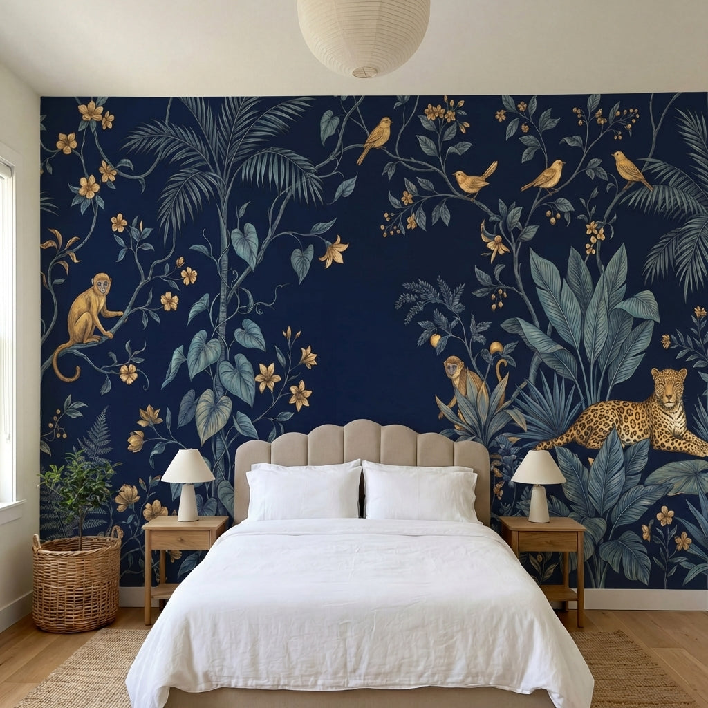 papier peint panoramique jungle leopard singe crocodile oiseaux feuillage tropic-HERO-10