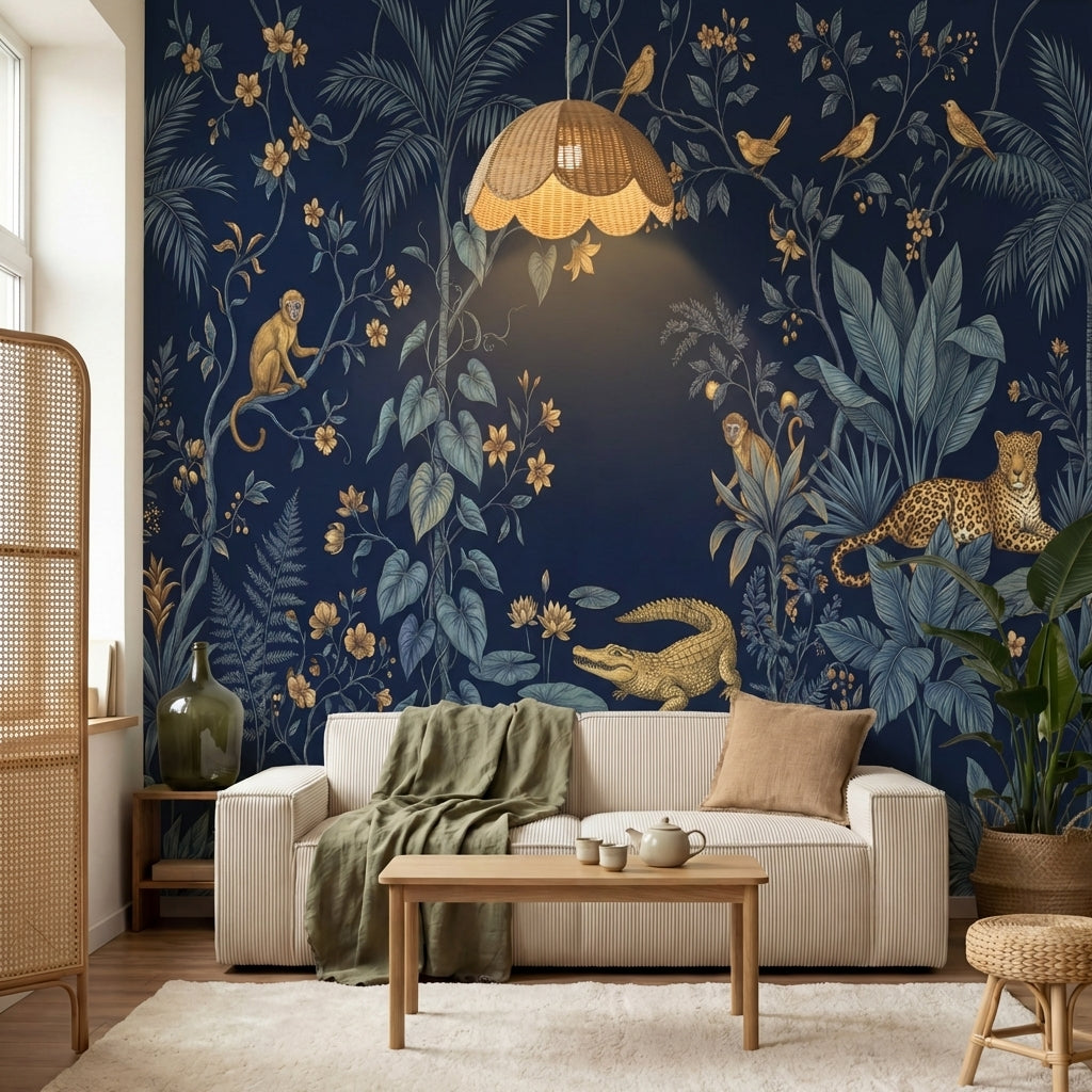 papier peint panoramique jungle leopard singe crocodile oiseaux feuillage tropic-VARIANTE-9