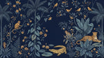 Papier peint panoramique jungle - Léopard singe crocodile oiseaux feuillage tropical fond bleu nuit et or sur mesure - Design