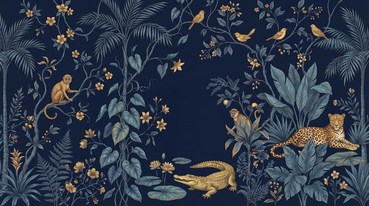 Papier peint panoramique jungle - Léopard singe crocodile oiseaux feuillage tropical fond bleu nuit et or sur mesure - Design