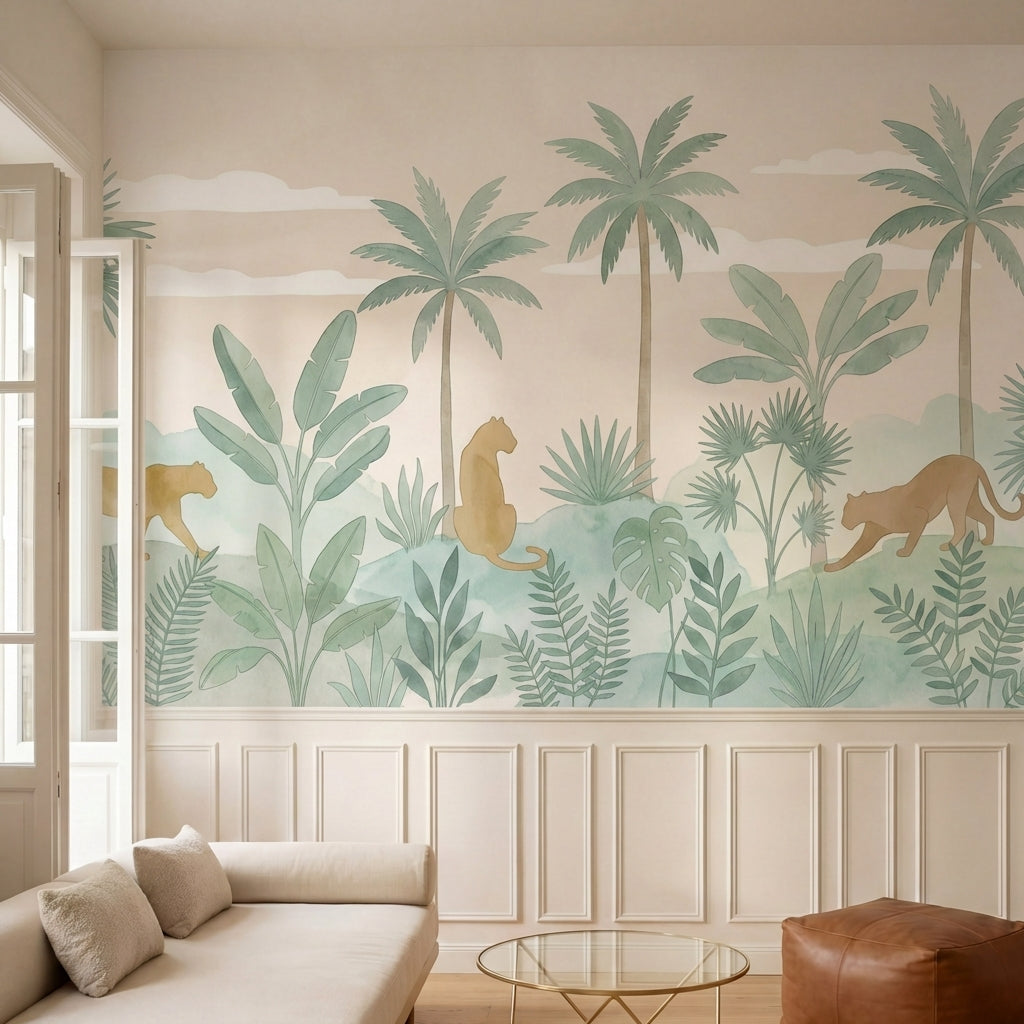 papier peint panoramique jungle leopards fauves palmiers bananiers tropicaux fon-1