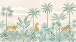 Papier peint panoramique jungle - Léopards fauves palmiers bananiers tropicaux fond beige crème sur mesure - Design