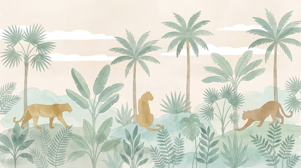 Papier peint panoramique jungle - Léopards fauves palmiers bananiers tropicaux fond beige crème sur mesure - Design