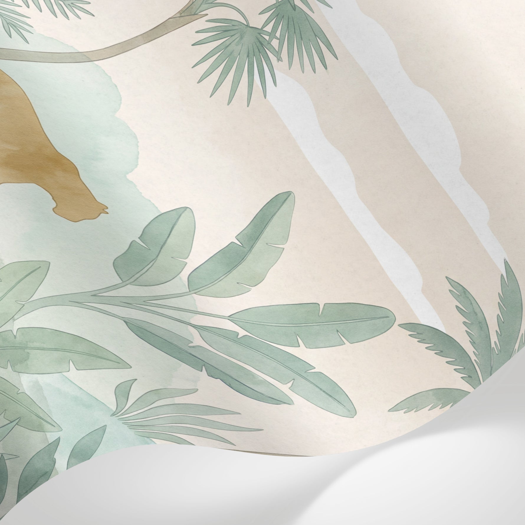 Papier peint panoramique jungle - Léopards fauves palmiers bananiers tropicaux fond beige crème sur mesure - Matière