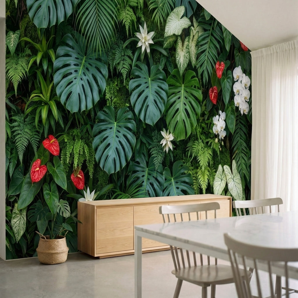 papier peint panoramique jungle monstera orchidees anthuriums feuillage tropical-1