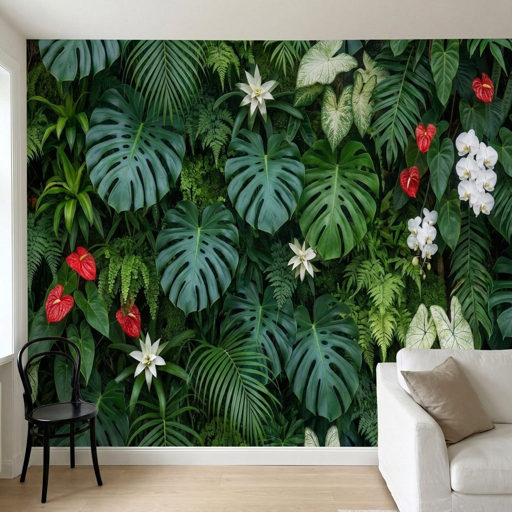 papier peint panoramique jungle monstera orchidees anthuriums feuillage tropical-1