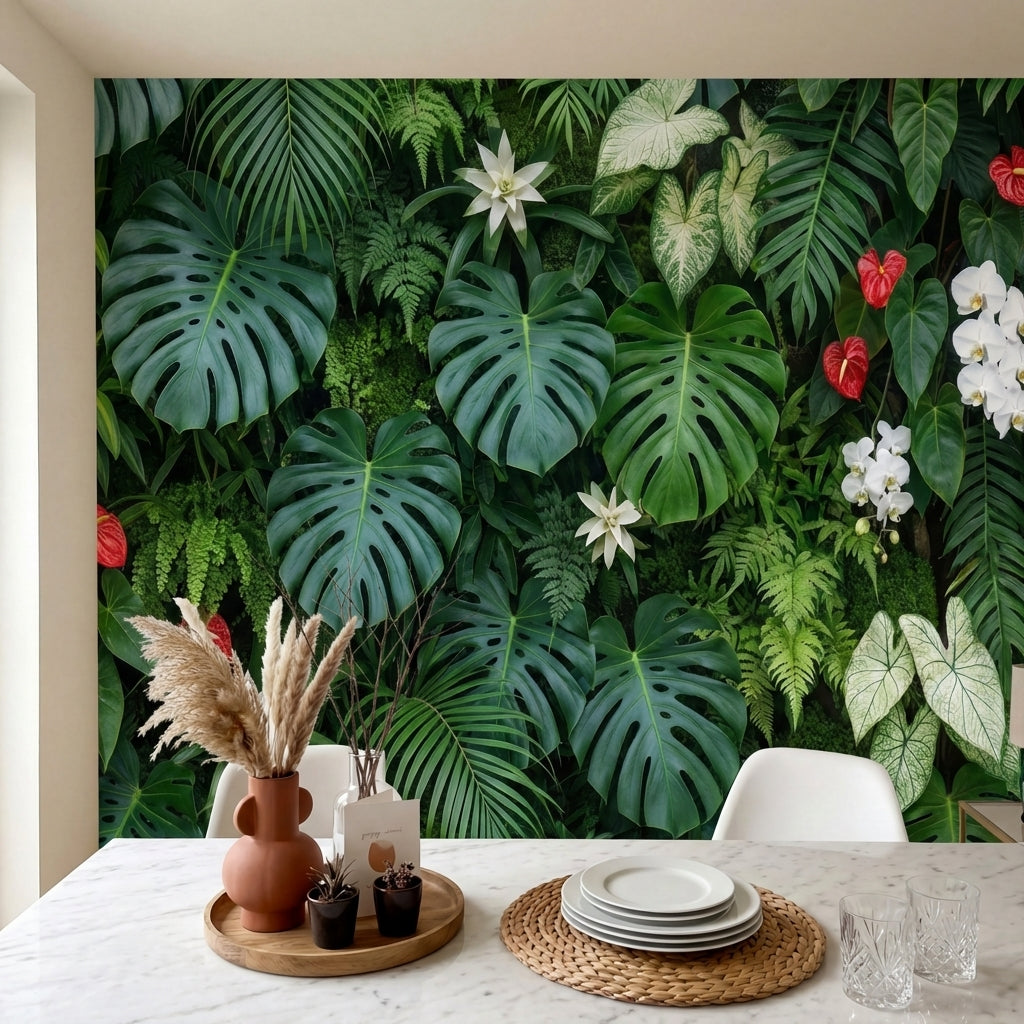 papier peint panoramique jungle monstera orchidees anthuriums feuillage tropical-6