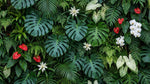 Papier peint panoramique jungle - Monstera orchidées anthuriums feuillage tropical dense fond vert émeraude sur mesure - Design