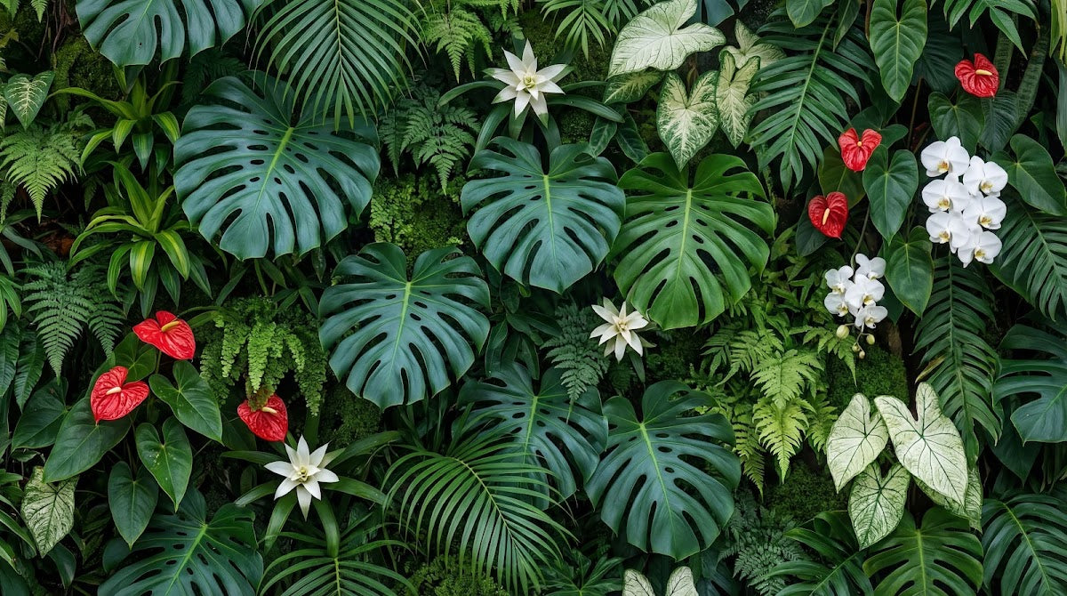 Papier peint panoramique jungle - Monstera orchidées anthuriums feuillage tropical dense fond vert émeraude sur mesure - Design