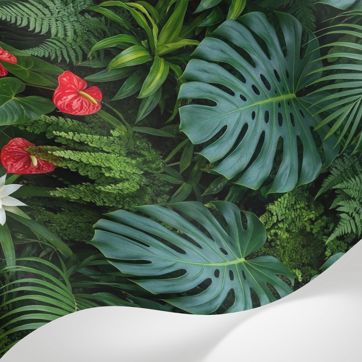 Papier peint panoramique jungle - Monstera orchidées anthuriums feuillage tropical dense fond vert émeraude sur mesure - Matière