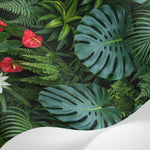 Papier peint panoramique jungle - Monstera orchidées anthuriums feuillage tropical dense fond vert émeraude sur mesure - Matière
