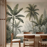 papier peint panoramique jungle palmiers bananiers coniferes brume matinale tons-1