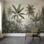 papier peint panoramique jungle palmiers bananiers coniferes brume matinale tons-2