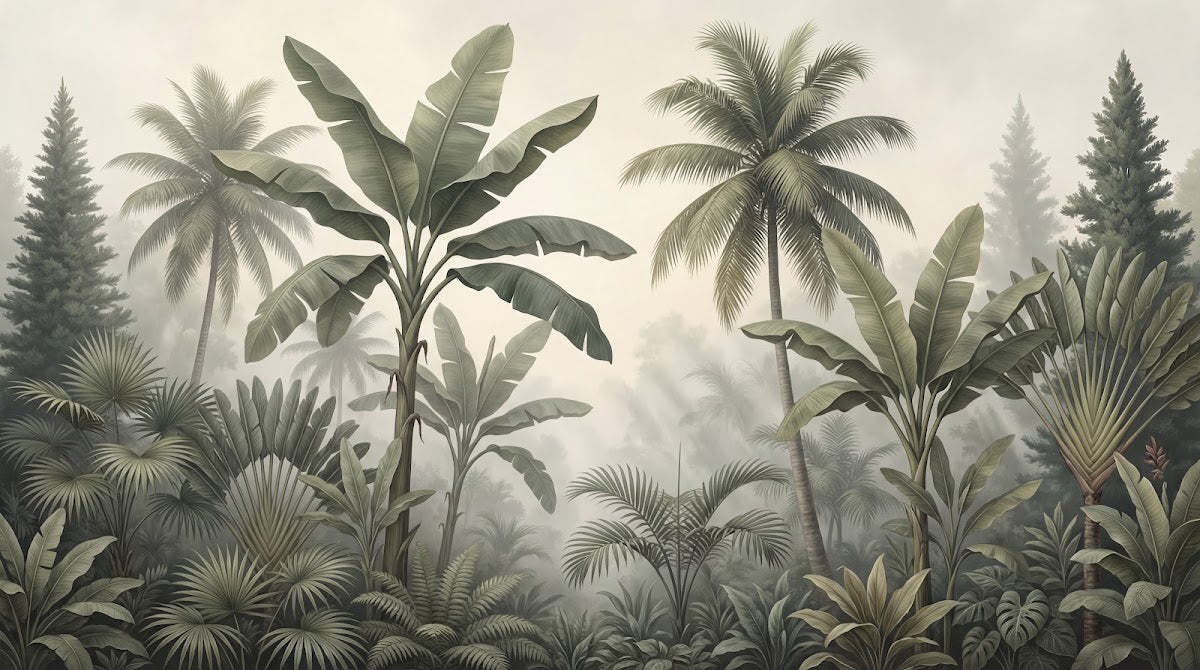 Papier peint panoramique jungle - Palmiers bananiers conifères brume matinale tons vert sauge et beige crème sur mesure - Design