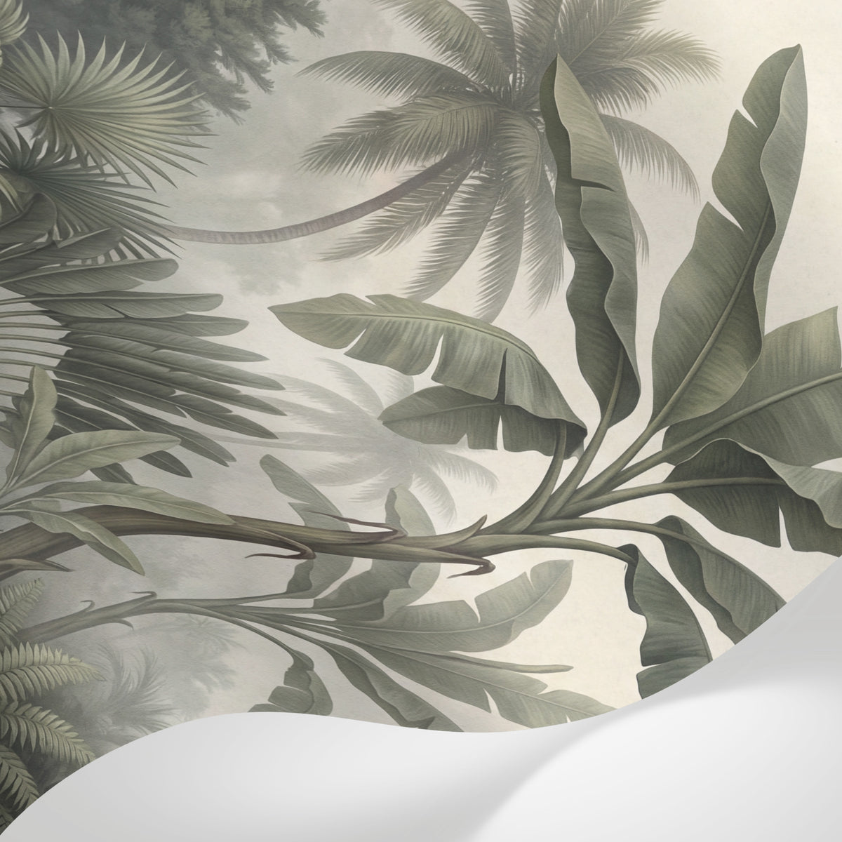 Papier peint panoramique jungle - Palmiers bananiers conifères brume matinale tons vert sauge et beige crème sur mesure - Matière