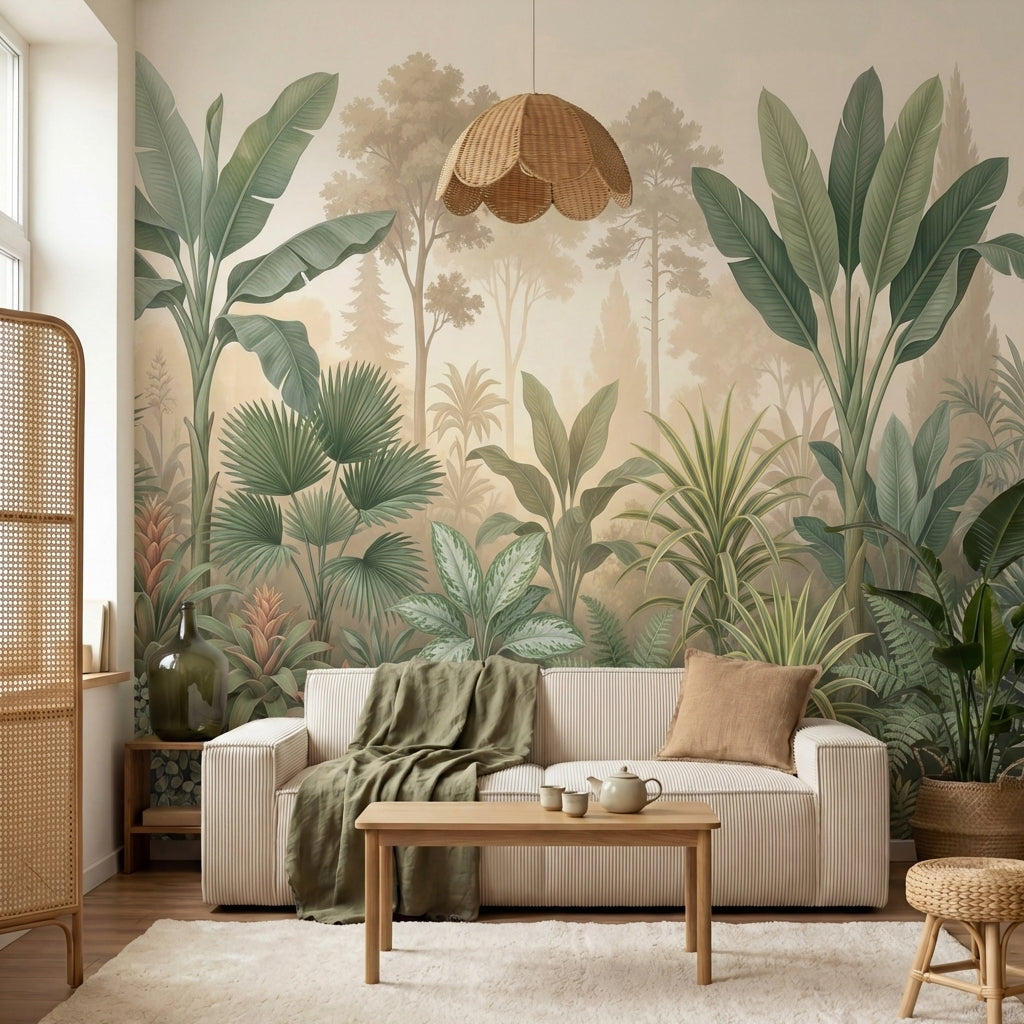 papier peint panoramique jungle palmiers bananiers feuillage tropical brumeux fo-6