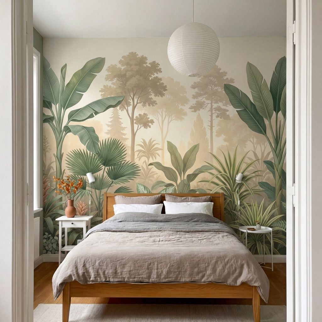 papier peint panoramique jungle palmiers bananiers feuillage tropical brumeux fo-7