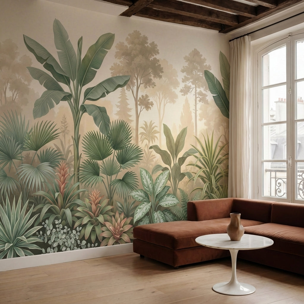 papier peint panoramique jungle palmiers bananiers feuillage tropical brumeux fo-HERO-10