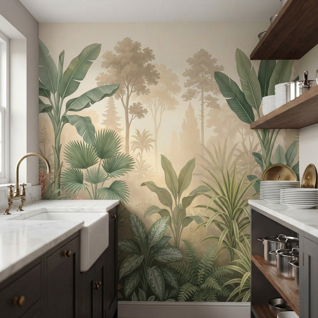 papier peint panoramique jungle palmiers bananiers feuillage tropical brumeux fo-HERO-9