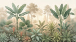 Papier peint panoramique jungle - Palmiers bananiers feuillage tropical brumeux fond beige rosé sur mesure - Design