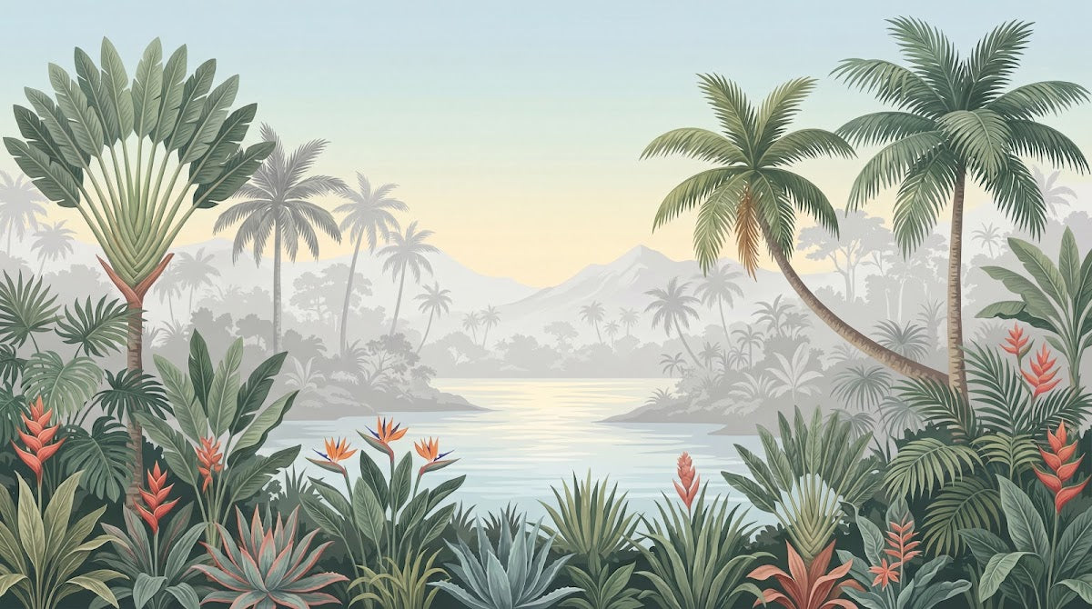 Papier peint panoramique jungle - Palmiers bananiers lac tropical montagnes brumeuses fond beige crème sur mesure - Design