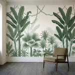 papier peint panoramique jungle palmiers bananiers lianes entrelacees fond blanc-1