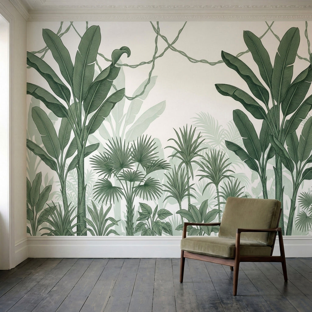 papier peint panoramique jungle palmiers bananiers lianes entrelacees fond blanc-1