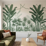 papier peint panoramique jungle palmiers bananiers lianes entrelacees fond blanc-HERO-10