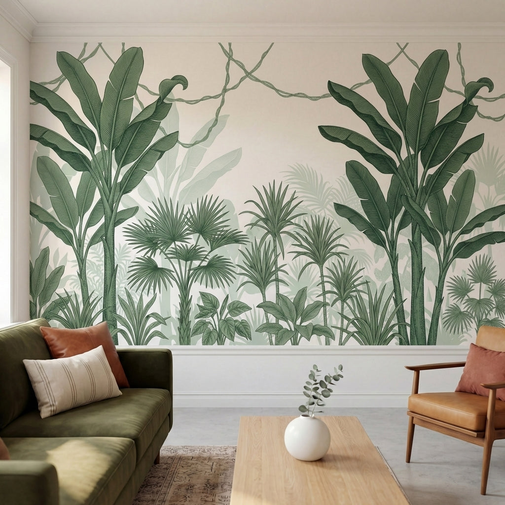 papier peint panoramique jungle palmiers bananiers lianes entrelacees fond blanc-HERO-10