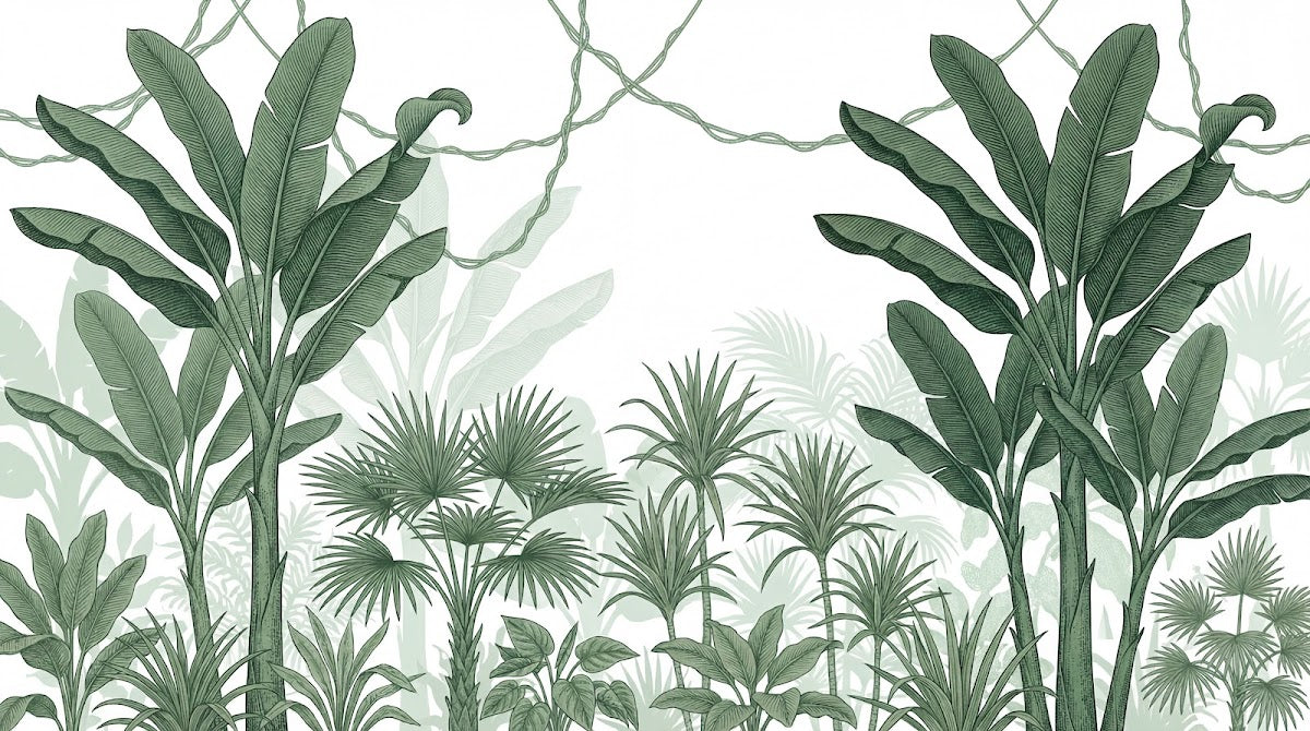 Papier peint panoramique jungle - Palmiers bananiers lianes entrelacées fond blanc crème et vert sauge sur mesure - Design