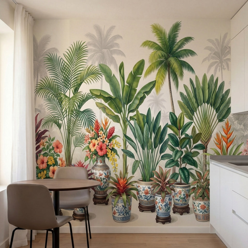 papier peint panoramique jungle palmiers bananiers poteries chinoises florales f-1
