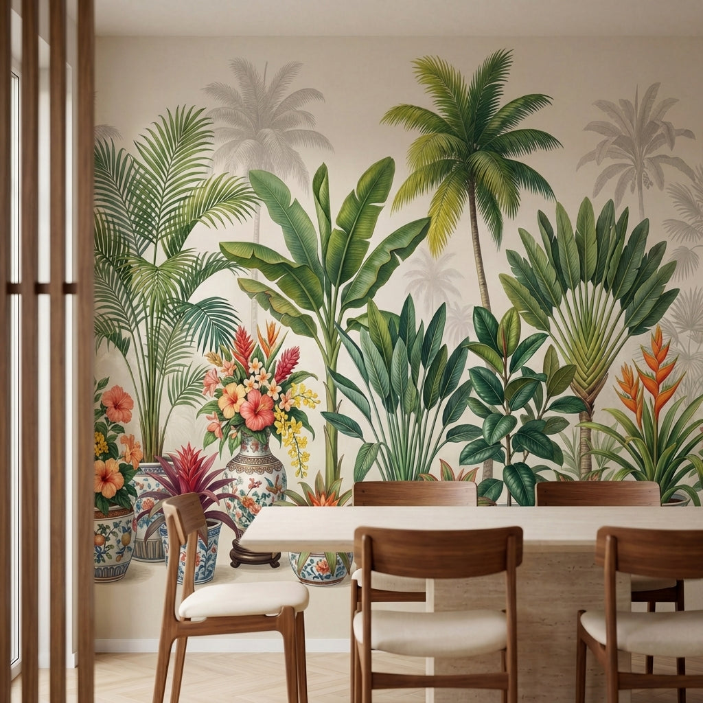 papier peint panoramique jungle palmiers bananiers poteries chinoises florales f-2