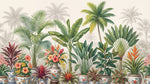 Papier peint panoramique jungle - Palmiers bananiers poteries chinoises florales fond beige crème et vert sur mesure - Design