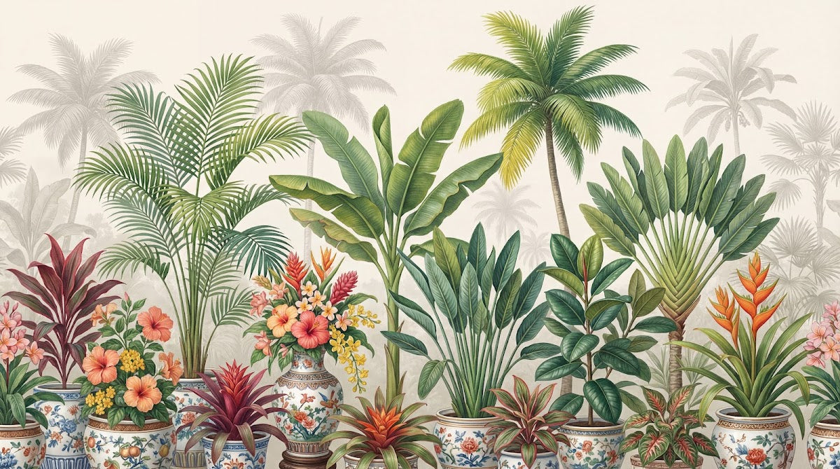Papier peint panoramique jungle - Palmiers bananiers poteries chinoises florales fond beige crème et vert sur mesure - Design