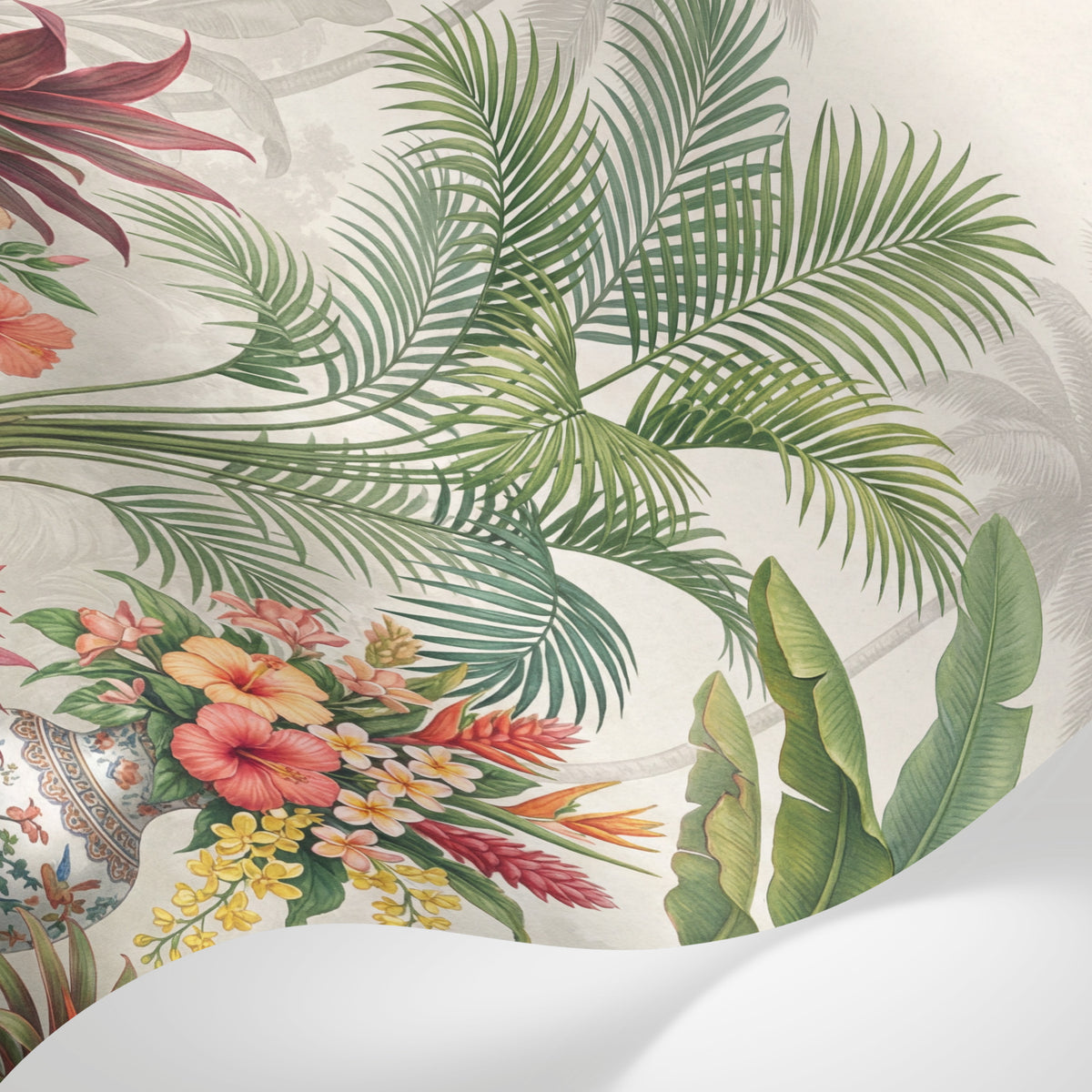 Papier peint panoramique jungle - Palmiers bananiers poteries chinoises florales fond beige crème et vert sur mesure - Matière