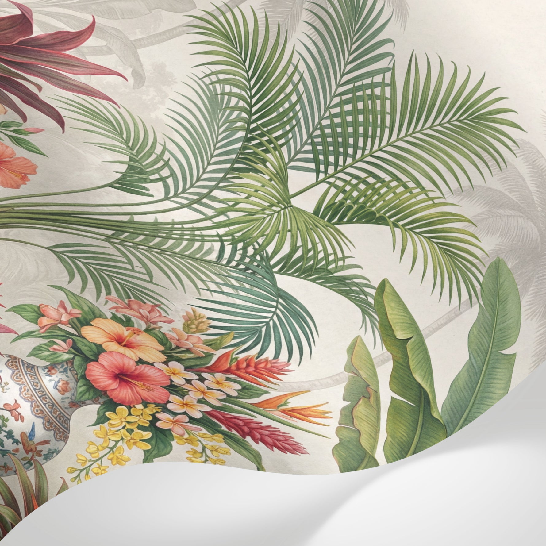 Papier peint panoramique jungle - Palmiers bananiers poteries chinoises florales fond beige crème et vert sur mesure - Matière